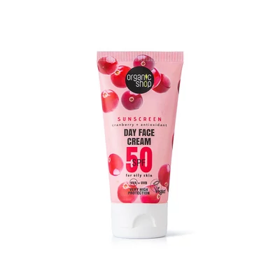 Organic Shop fényvédő nappali arckrém, áfonya, SPF50, zsíros bőrre, 50ml